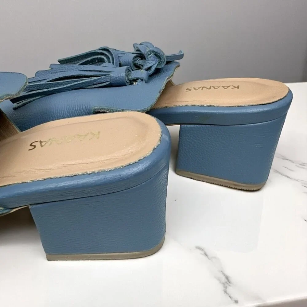 Kaanas Blue Pompom Leather Loafer Mule Sandal